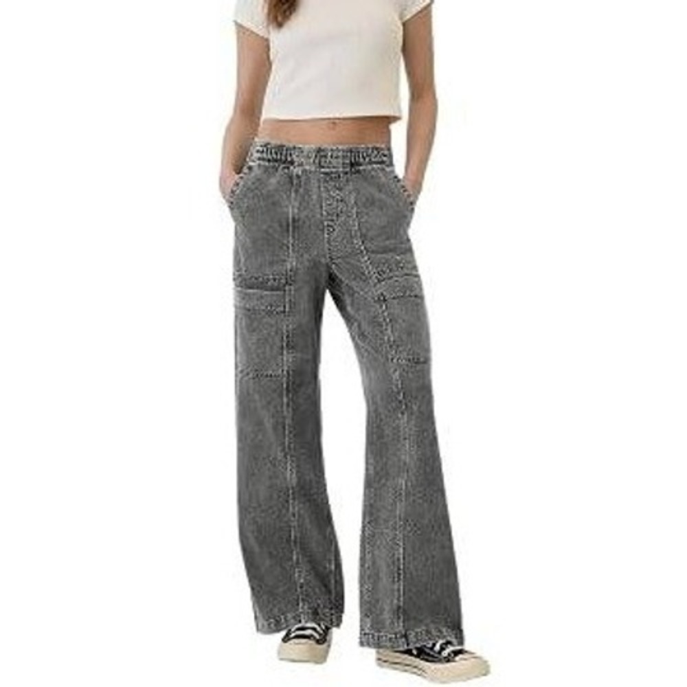 Gap High Rise Wide Leg SIZE LARGE Elastic Waist Pull On Jeans Women's Black Wash